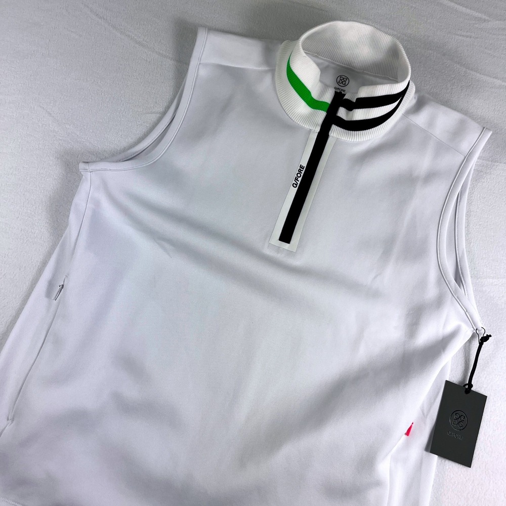 G/FORE Women’s NWT White Sleeveless Zip Polo with Black & Green Trim M